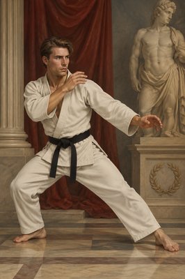 a man in a karate stance in front of a statue