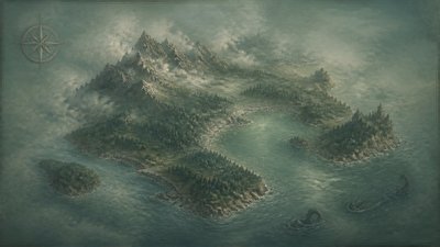 a map of an island realm with mountains, forests, a sheltered bay, sea monsters in the water and a compass rose, no text labels