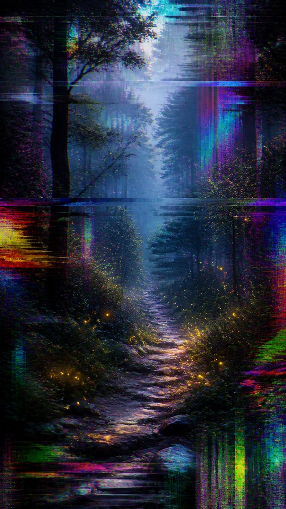 a mysterious forest path with fireflies and drifting mist, atmospheric vertical composition with open space at the top, no text
