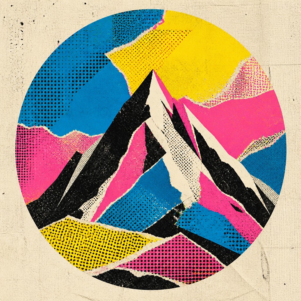 an emblem of a mountain peak inside a circle, simple bold shapes on a plain background, no text or lettering