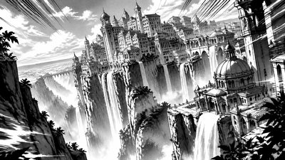 a cliffside city with waterfalls cascading into a misty canyon, wide establishing shot, no people, no text