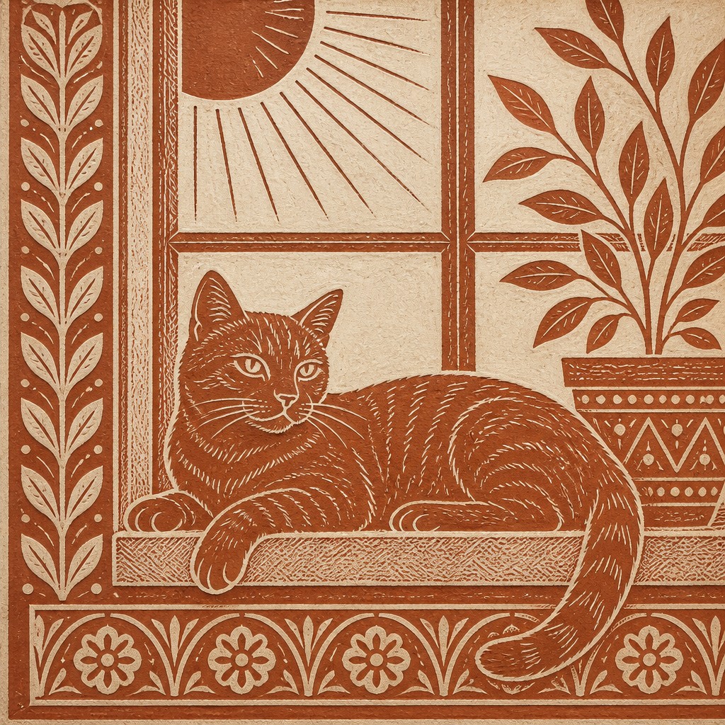 a cat lounging in a sunlit window — Sgraffito Art Style