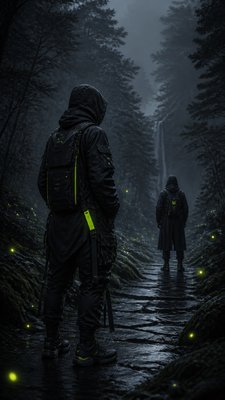 a mysterious forest path with fireflies and drifting mist, atmospheric vertical composition with open space at the top, no text