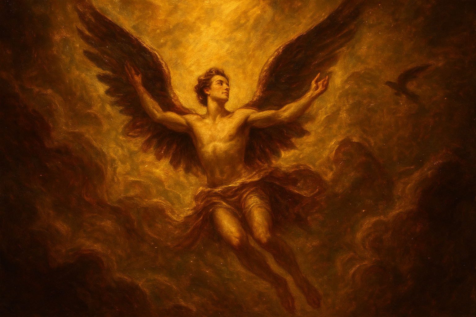 a painting of a man with wings in the air