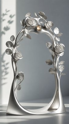an arch of white roses and eucalyptus in soft morning light, elegant vertical composition with open space, no text