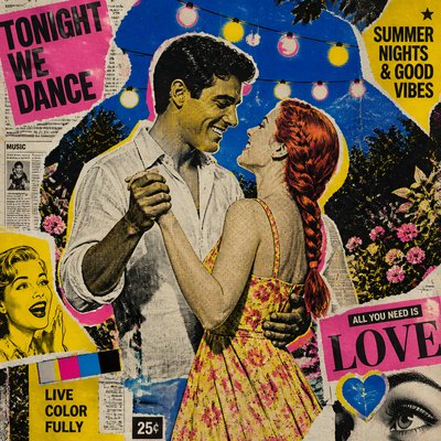 an original couple dancing under string lights in a garden at dusk: a man with short black hair in a linen shirt and a woman with braided red hair in a summer dress