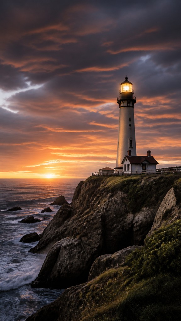 a lone lighthouse on a cliff at dusk under a dramatic sky, no text or lettering