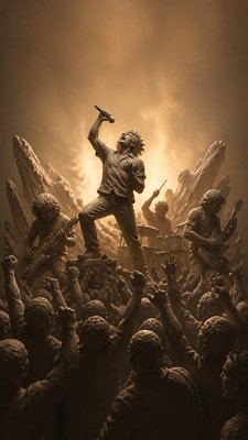 a live music scene with a glowing stage and silhouetted crowd, energetic vertical composition with open space at the top, no text