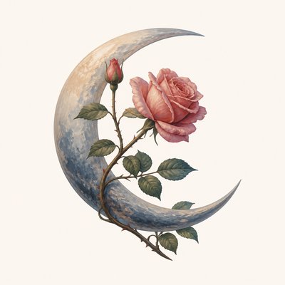 a rose entwined with a crescent moon, clean balanced composition on a plain background, no text