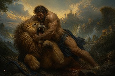 ancient greek ignudi Heacles killing the Nemean lion