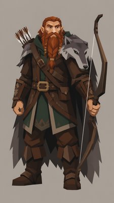 full-body original character: a dwarven ranger with a braided auburn beard, worn leather armor, a longbow and a wolf-pelt cloak, neutral background, no text