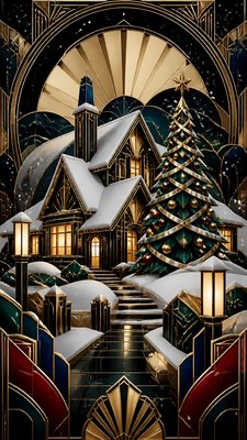 a snow-covered cottage with warm glowing windows beside a decorated pine tree, gentle snowfall, no text
