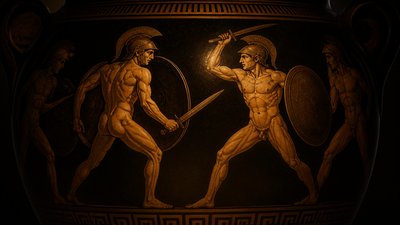ancient greek ignudi warriors holding swords vase painting