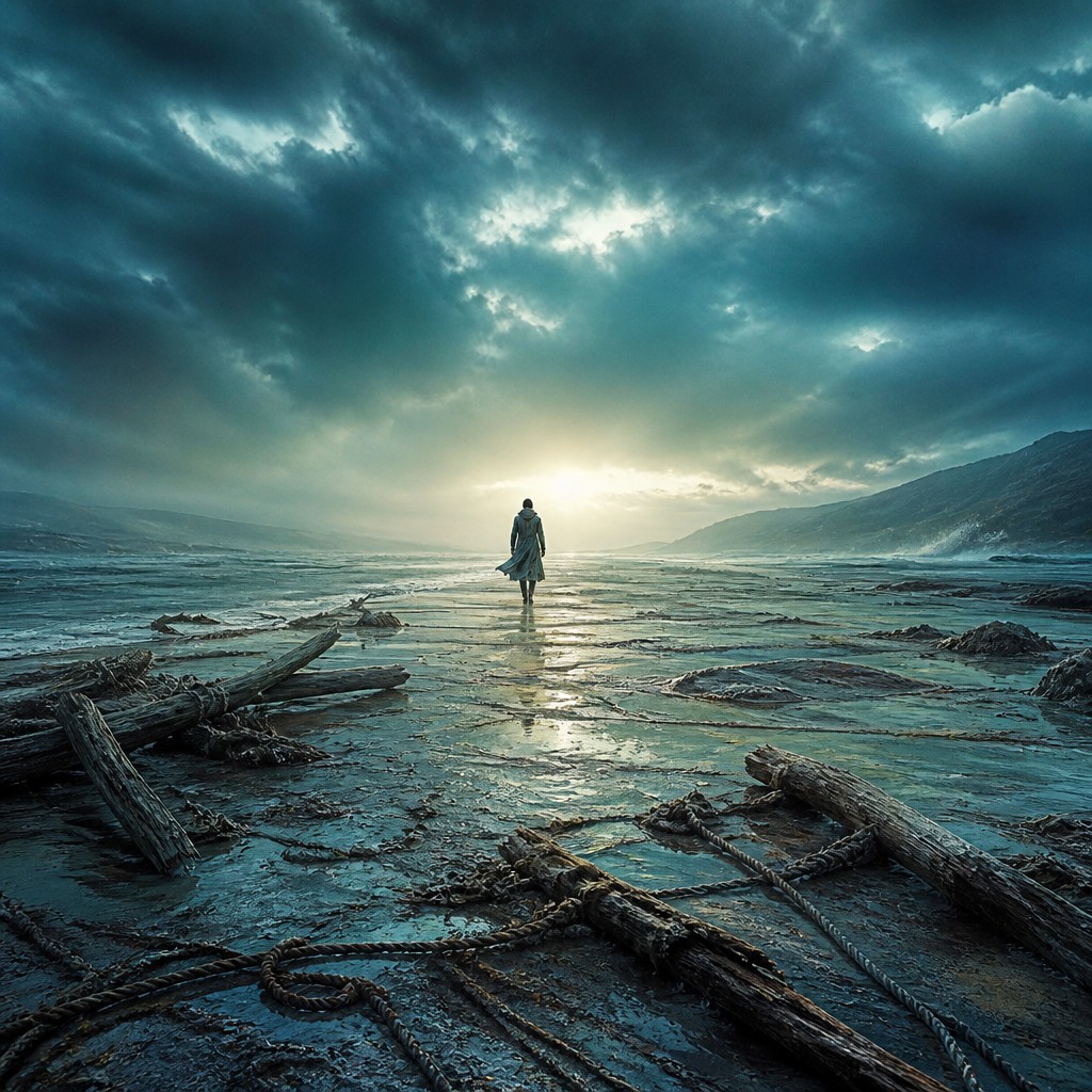 a solitary figure walking toward a glowing horizon across an empty plain, moody atmosphere, no text or lettering