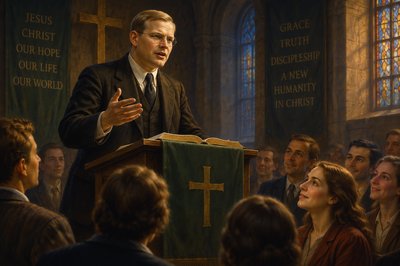 Dietrich Bonhoeffer preaching the Gospel of Christ to an enthusiastic group of Christian disciples