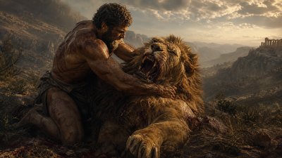 ancient ignudi Greek Herakles killing the Nemean lion