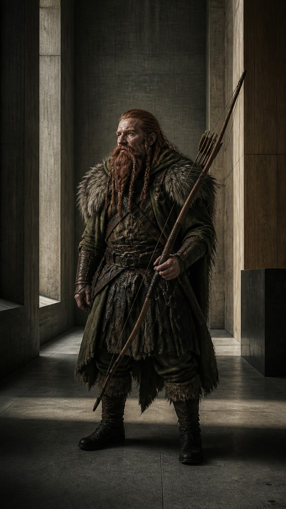 full-body original character: a dwarven ranger with a braided auburn beard, worn leather armor, a longbow and a wolf-pelt cloak, neutral background, no text