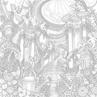 a garden scene with butterflies, flowers and a watering can, clean uncolored line art, no text