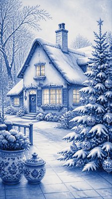 a snow-covered cottage with warm glowing windows beside a decorated pine tree, gentle snowfall, no text