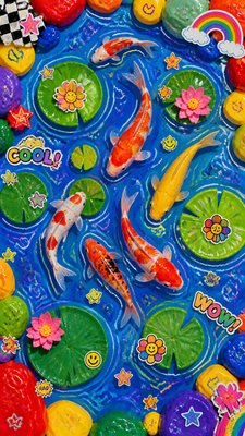 a koi pond with lily pads seen from above, no people