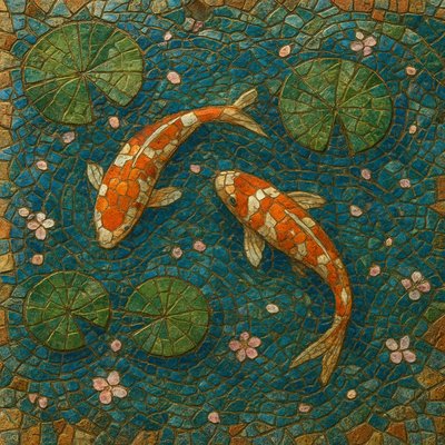 A koi pond seen from above, orange and white koi fish swimming among lily pads, clear water with subtle ripples, fallen cherry blossom petals floating on the surface, dappled sunlight