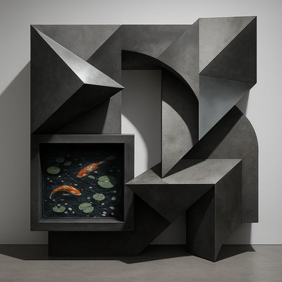 A koi pond seen from above, orange and white koi fish swimming among lily pads, clear water with subtle ripples, fallen cherry blossom petals floating on the surface, dappled sunlight