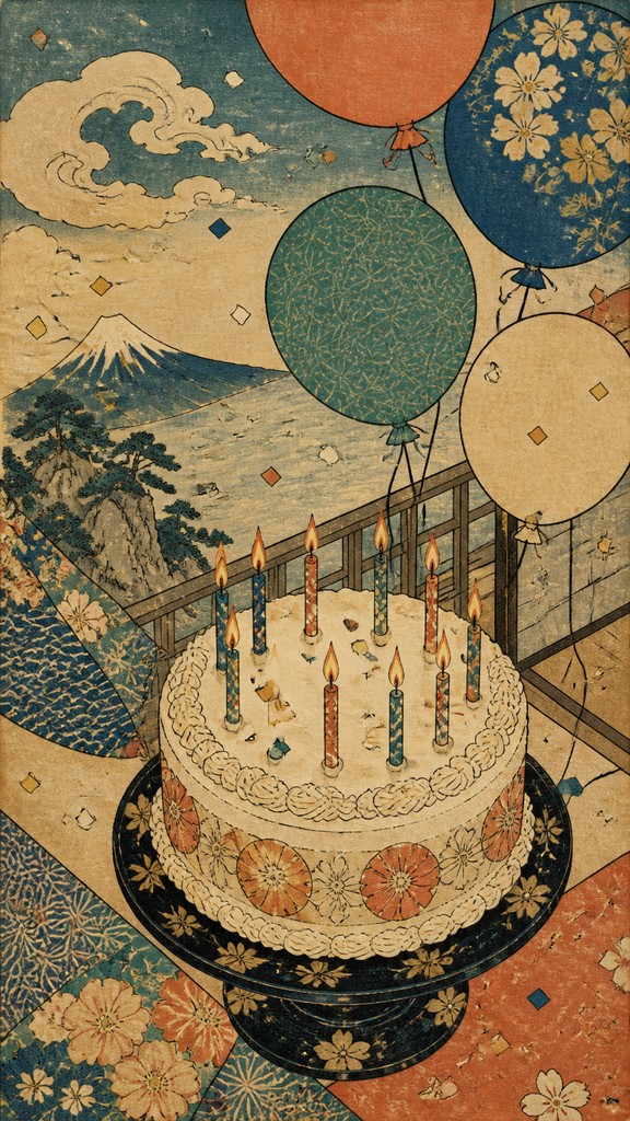 a birthday cake with lit candles surrounded by balloons and confetti, festive vertical composition, no text