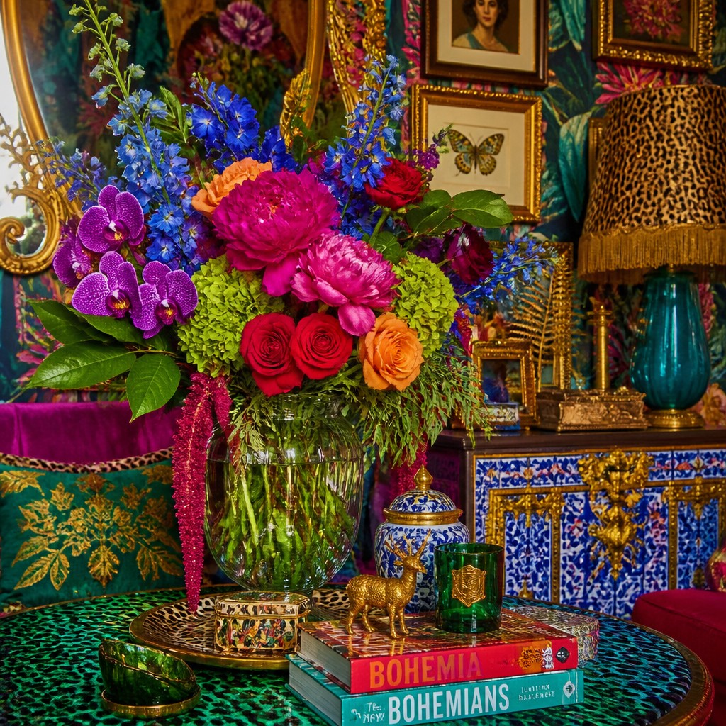 bouquet of flowers in a glass vase — Maximalist Interior Design