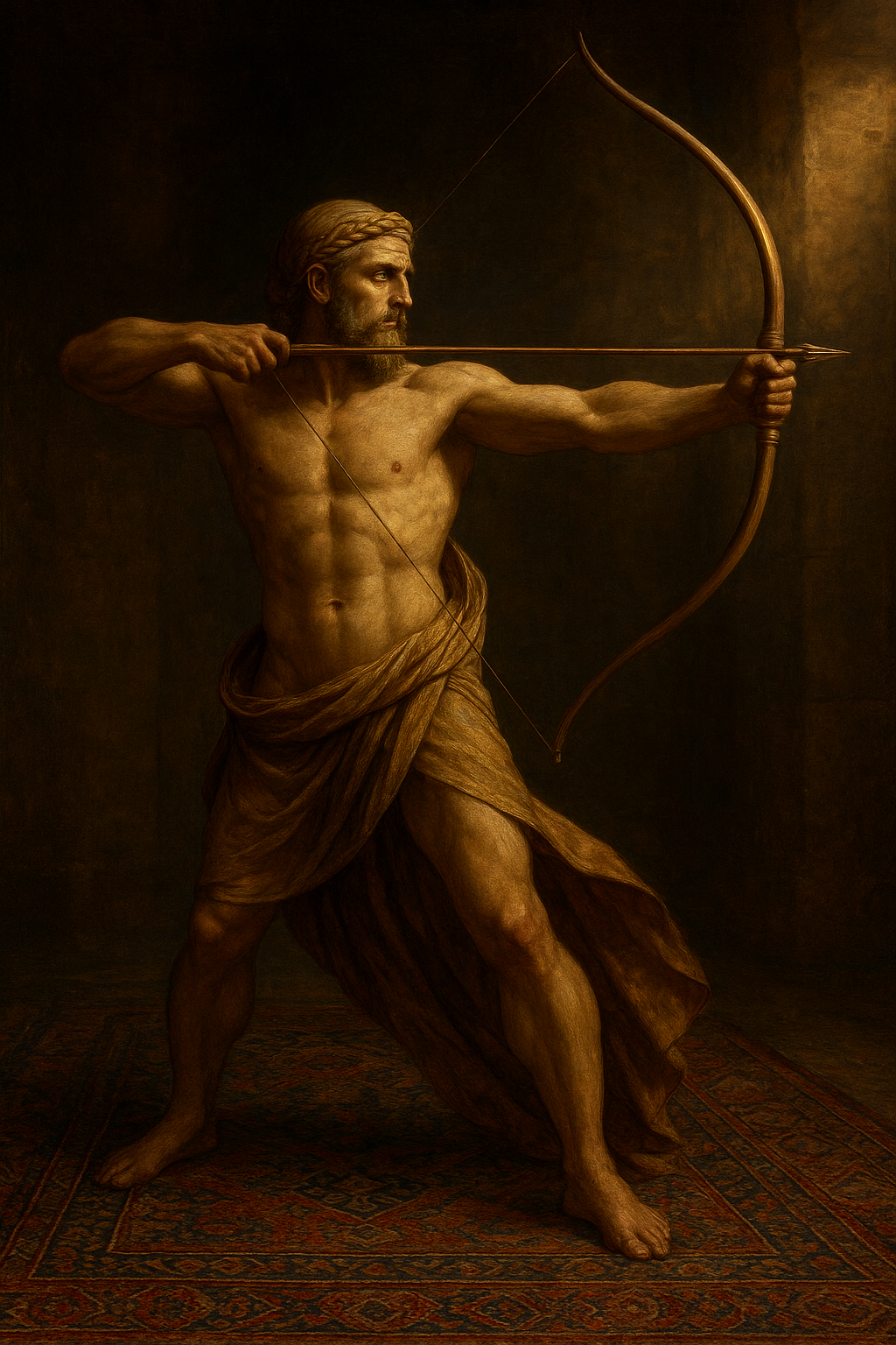 a painting of a man holding a bow and arrow