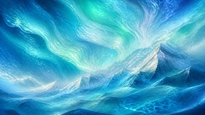 a flowing aurora over snowy peaks, wide sweeping composition, no people, no text