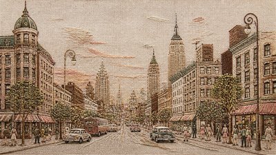 bustling city street panorama at dusk