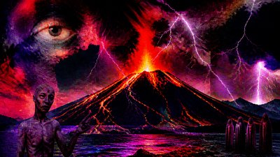 an erupting volcano with lightning strikes, dramatic wide composition, no text