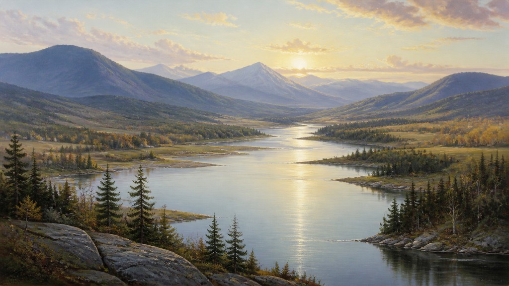 a vast valley with a river winding toward distant mountains at sunrise, no people, no text