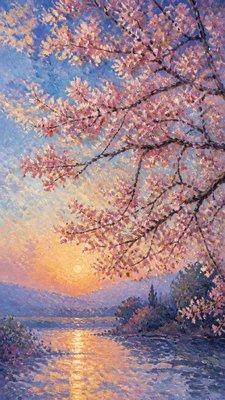 cherry blossom branches against a soft dawn sky, no people
