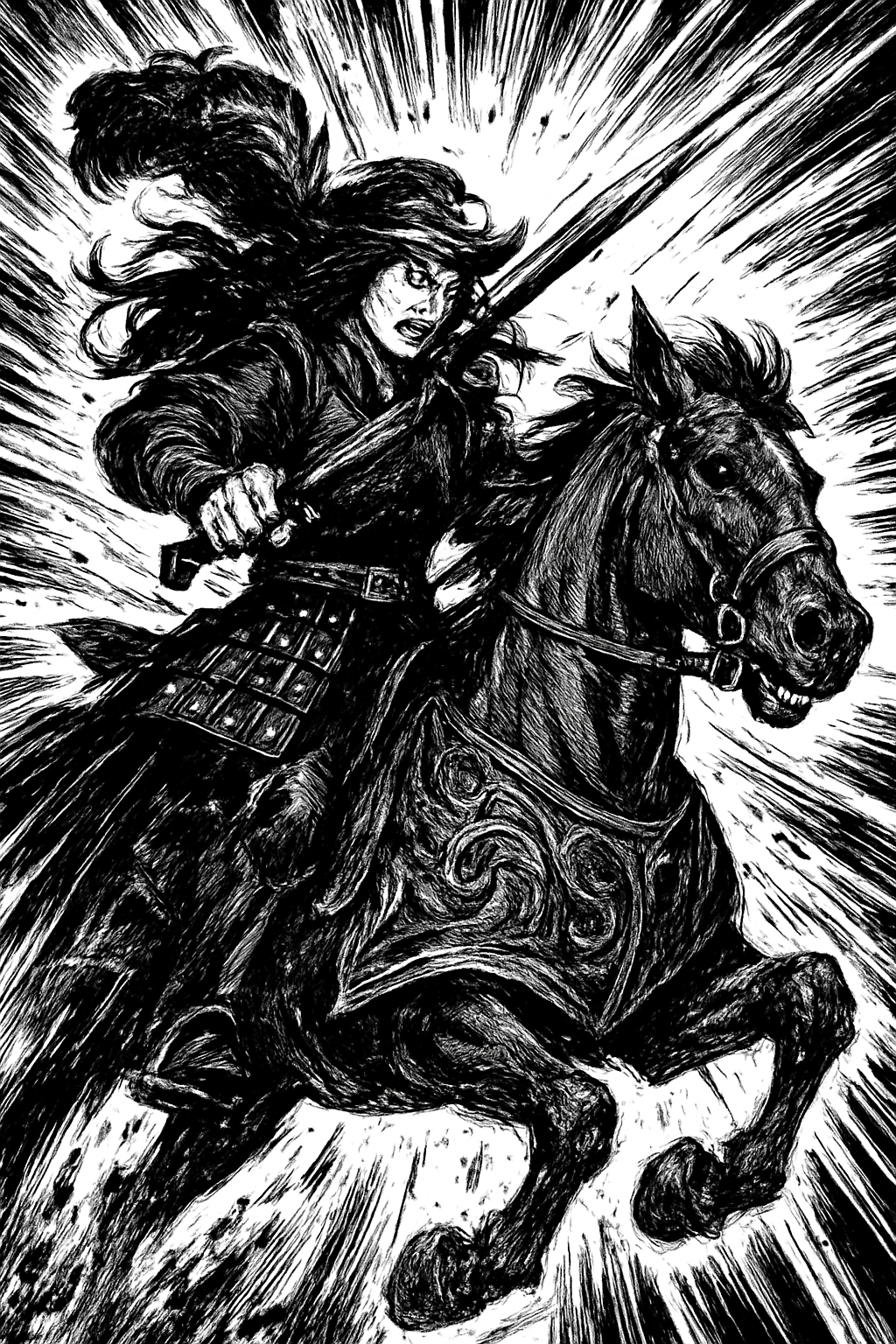 a black and white drawing of a man riding a horse