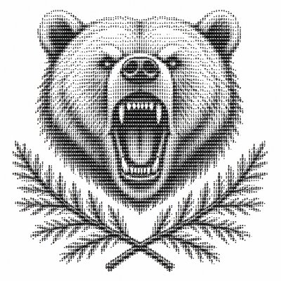 a roaring bear head above crossed pine branches, bold graphic composition on a plain background, no text