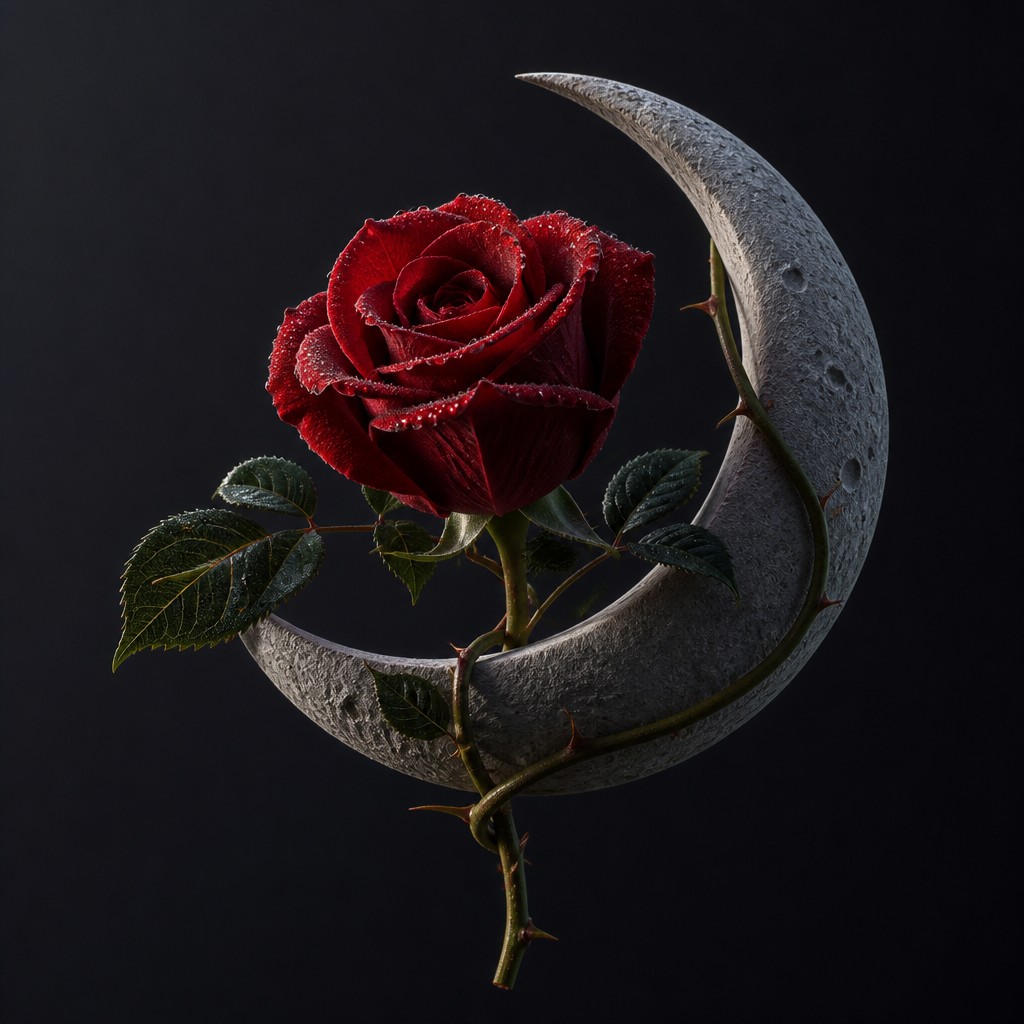 a rose entwined with a crescent moon, clean balanced composition on a plain background, no text
