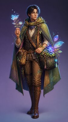 full-body original character: a wandering botanist with a satchel of plants, a patched green cloak, tall boots and round glasses, neutral background
