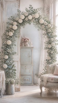 an arch of white roses and eucalyptus in soft morning light, elegant vertical composition with open space, no text