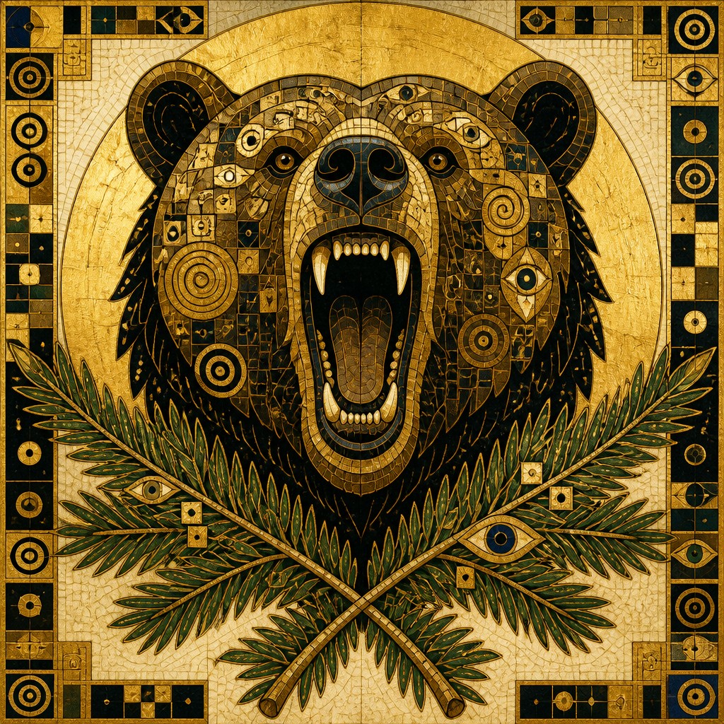 a roaring bear head above crossed pine branches, bold graphic composition on a plain background, no text