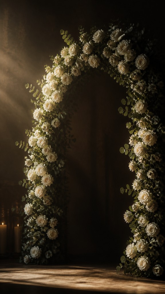 an arch of white roses and eucalyptus in soft morning light, elegant vertical composition with open space, no text