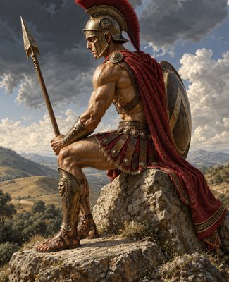 a painting of a roman soldier sitting on a rock