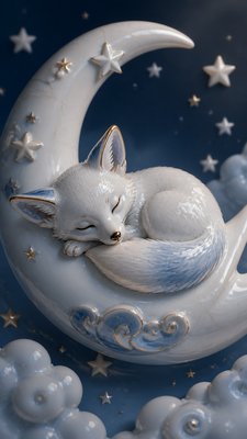 a sleeping baby fox curled on a crescent moon among soft stars, gentle and warm, no text