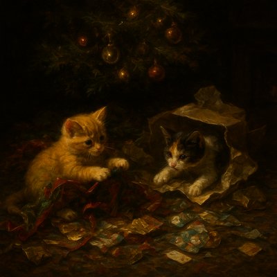 Baroque Oil Painting, Tenebrism Lighting, Rich Canvas Texture a heartwarming scene under a decorated Christmas tree. Two fluffy kittens, one a ginger tabby and the other a calico, are joyfully playing in a chaotic pile of discarded Christmas wrapping paper, ribbons, and bows. The ginger kitten is tangled in a long piece of shiny red and green paper, batting at a curled ribbon. The calico kitten is pouncing from inside a torn open cardboard gift box, surrounded by crumpled tissue paper. Torn pieces of colorful wrapping paper (gold foil, snowman patterns, stripes) and empty gift tags are scattered everywhere on a plush rug. The Christmas tree above them is glowing with warm fairy lights and decorated with traditional ornaments. The background is a cozy living room with a fireplace.