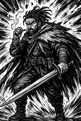 a painting of a man with a sword