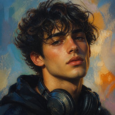 head-and-shoulders portrait of an original character: a young man with curly dark hair and headphones around his neck, plain backdrop, no text