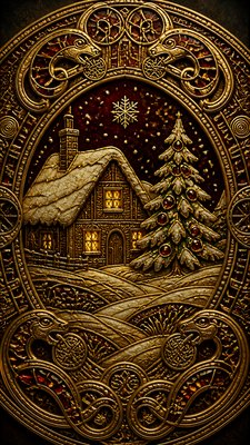 a snow-covered cottage with warm glowing windows beside a decorated pine tree, gentle snowfall, no text