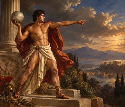 a painting of a man holding a ball