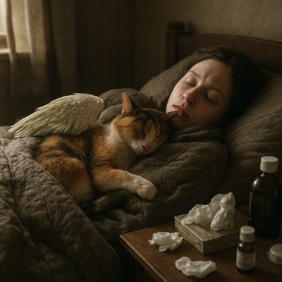 A candid, tender photograph of a person lying sick in a dimly lit, cozy bedroom, buried under a heavy quilt with only their pale face showing, eyes closed in sleep. Tissues and medicine bottles clutter a bedside table. Curled tightly against their chest is a fluffy calico cat that has a pair of detailed, feathered angel wings folded against its back. The cat is asleep too. Soft, natural light streams from a window to the left. Film grain.