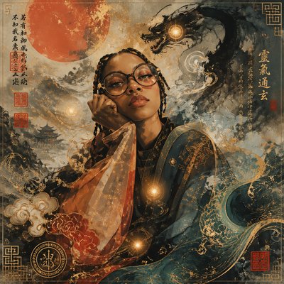 a painting of a woman with glasses and a scarf